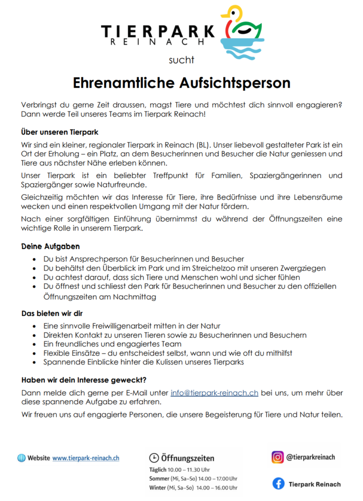 Stellenausschreibung für die Aufsicht im Tierpark Reinach, BL